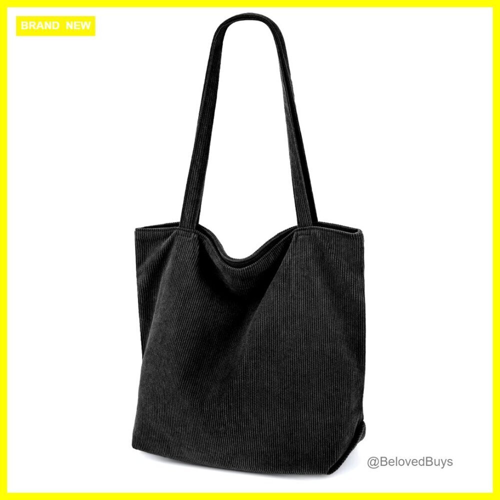 Large Corduroy Tote Bag with Zipper, Multiple Pockets, Casual Shoulder Bag